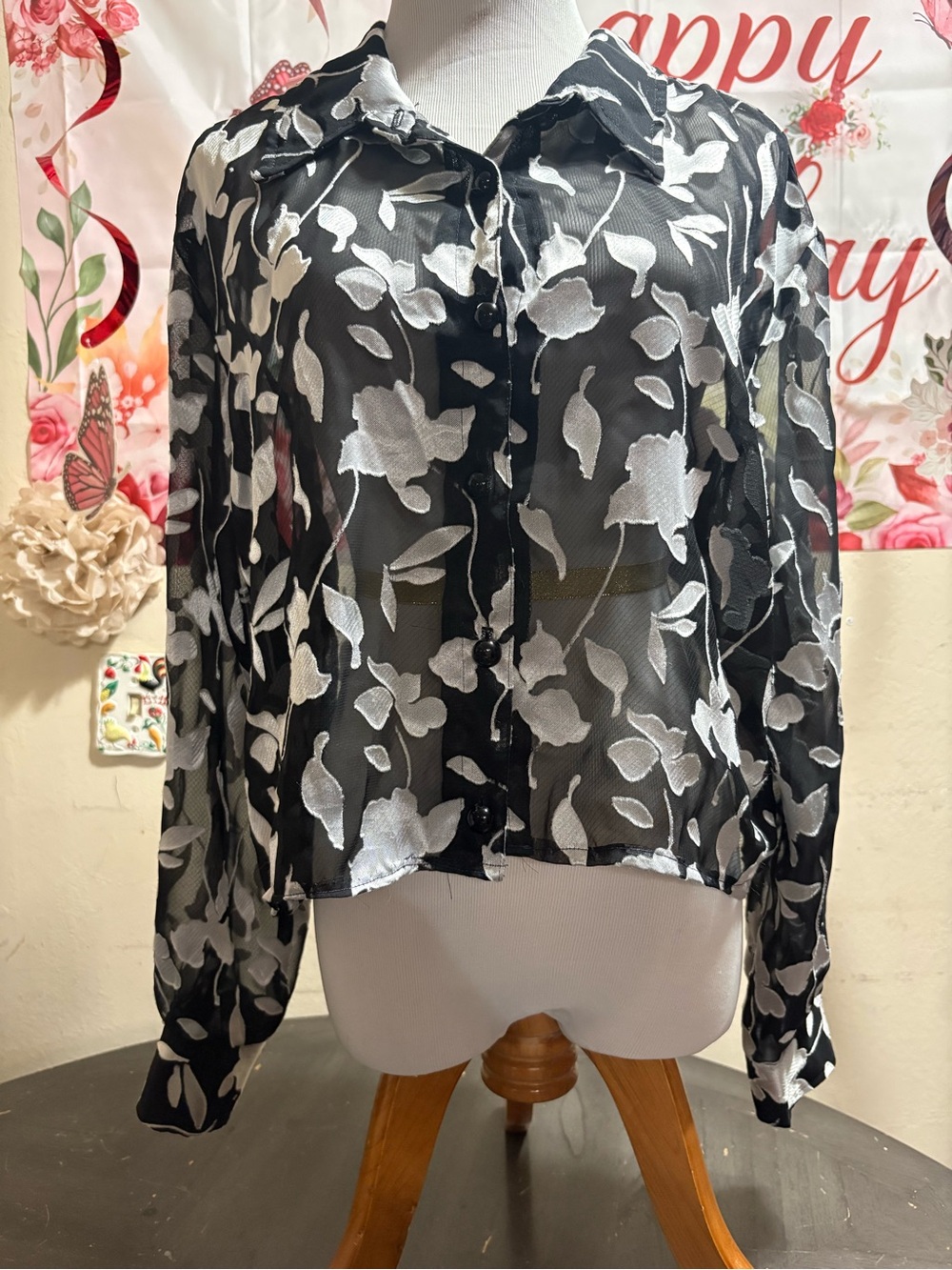 Onyx Nite Black Blouse with White Floral Print